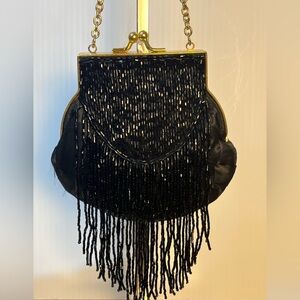 Jessica McClintock Beaded Black Tassel Satin Evening Bag Small Clutch Purse